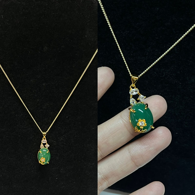 Plentulent Green Jade Oval Κοσμήτορα μενταγιόν με άσπρες ζιρκόν, χρυσό-Επιμεταλλωμένη ρύθμιση, κομψές γυναίκες\\Κοσμήματα